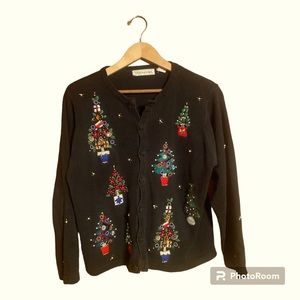 Vintage Victoria Jones Beaded Christmas Tree Cardigan Sweater Women’s Large